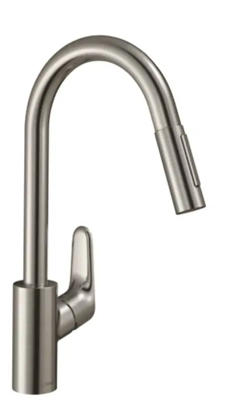 Küchenarmatur von Hansgrohe mit einem gewölbten Auslauf und einer ausziehbaren Brause. Der Griff befindet sich seitlich am Basiszylinder. Oberfläche in Edelstahl-Optik.